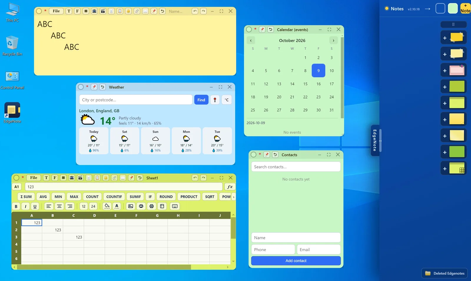 A note, a spreadsheet, a weather widget, a calendar and a contacts list sitting on the Windows desktop