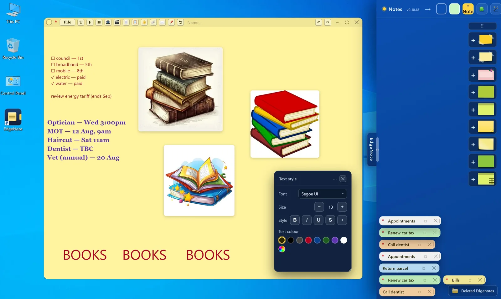 One note mixing a ticked checklist, appointments in a large font and three pictures, with the text style menu open