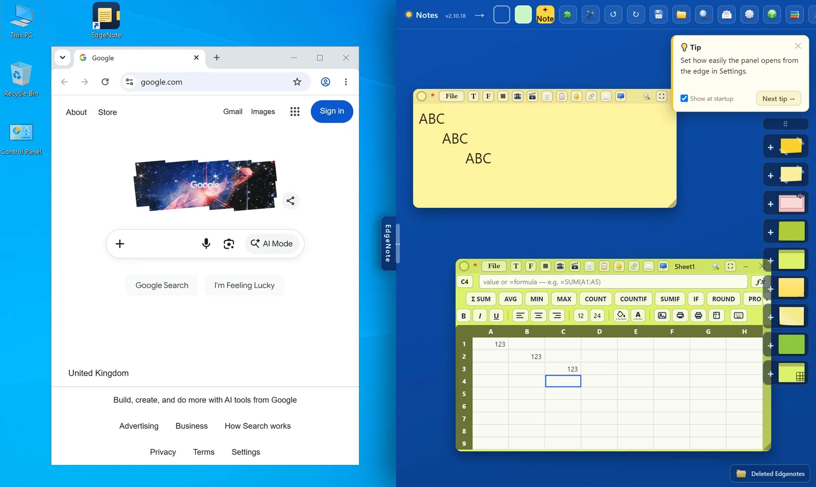 The EdgeNote panel slid in from the right edge of the screen, beside a web browser