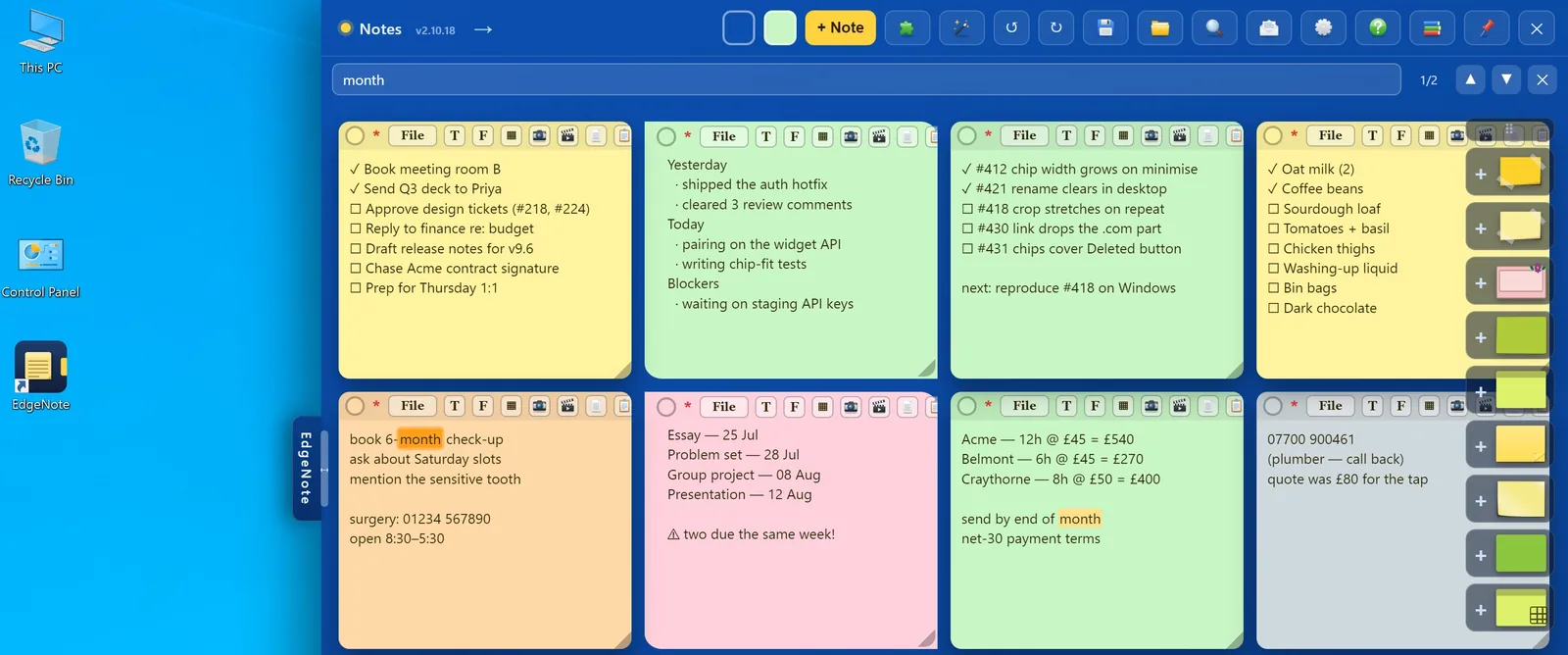 Searching for the word month, with the matches highlighted in two notes