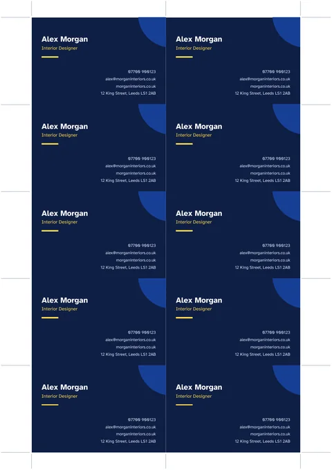 A sheet of ten business cards on A4 with cut marks