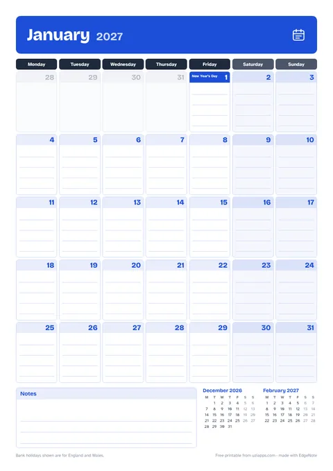 January 2027 page of the free printable calendar