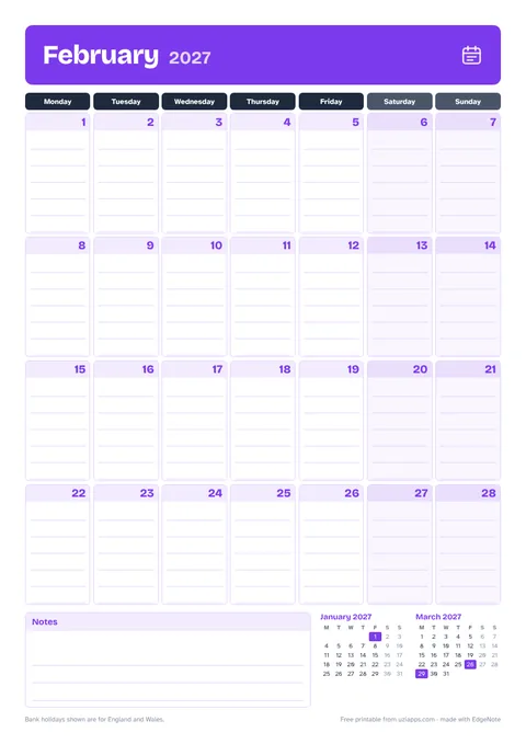 February 2027 printable calendar, A4