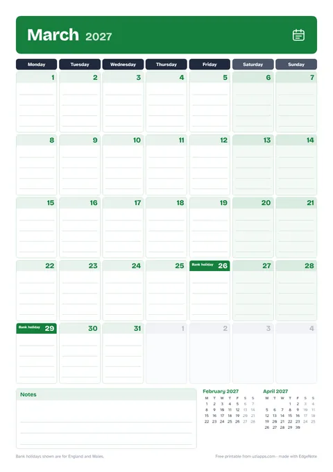 March 2027 printable calendar, A4
