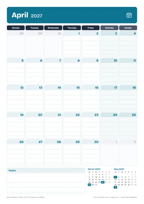 April 2027 printable calendar, A4