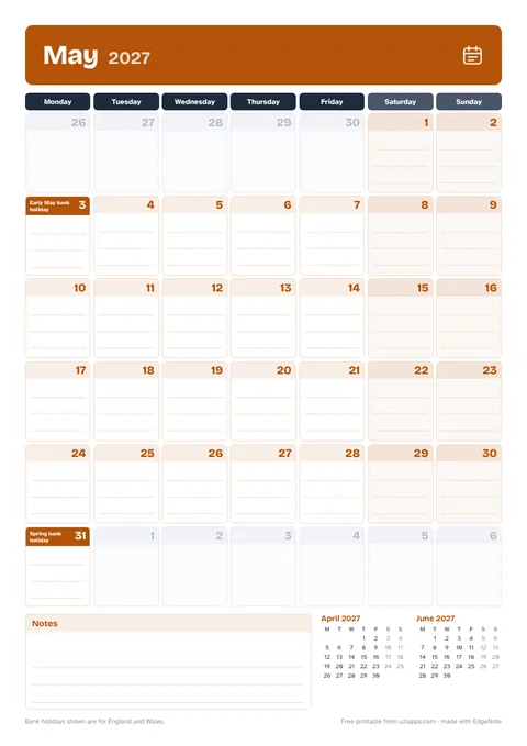 May 2027 printable calendar, A4