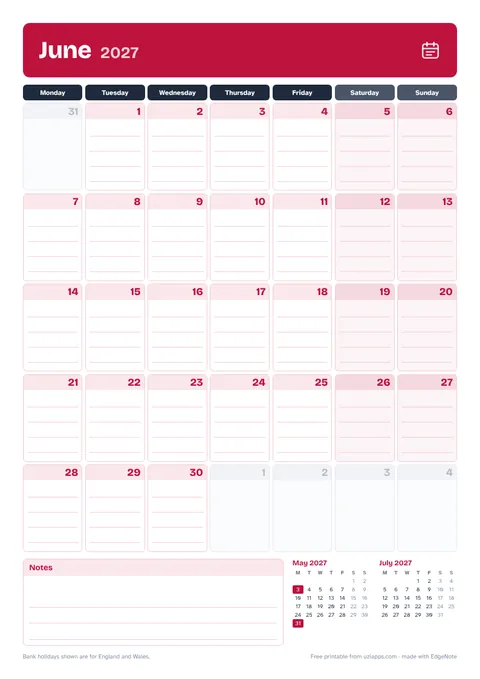 June 2027 printable calendar, A4