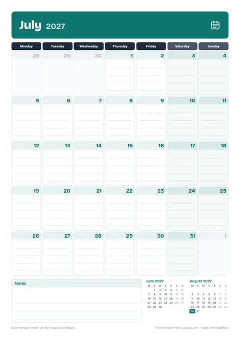 July 2027 printable calendar, A4