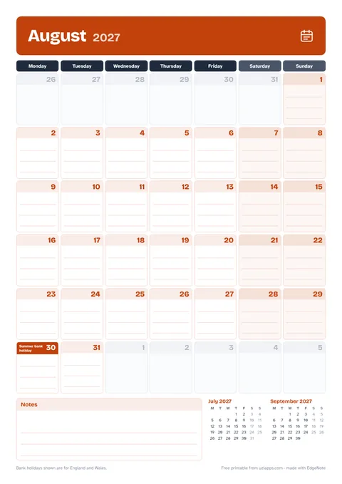August 2027 printable calendar, A4