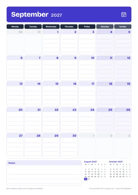 September 2027 printable calendar, A4