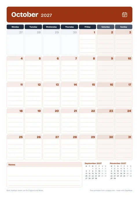October 2027 printable calendar, A4