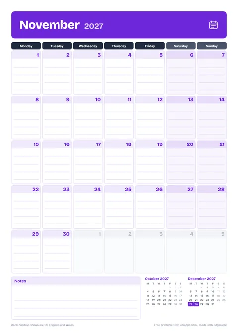 November 2027 printable calendar, A4