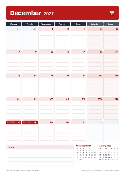 December 2027 printable calendar, A4