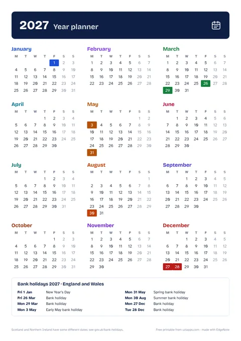 The 2027 year planner on one A4 page, with the bank holidays highlighted