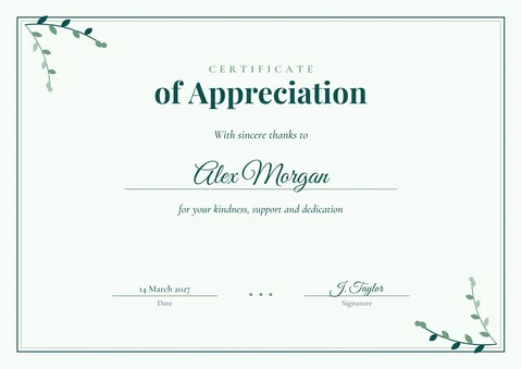 Certificate of Appreciation template, A4 landscape, with example wording