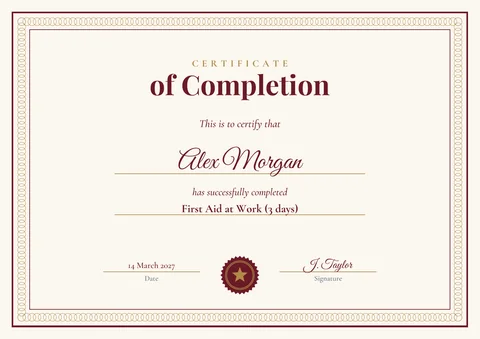 Certificate of Completion template, A4 landscape, with example wording