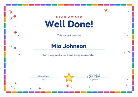 Well Done award for children template, A4 landscape, with example wording