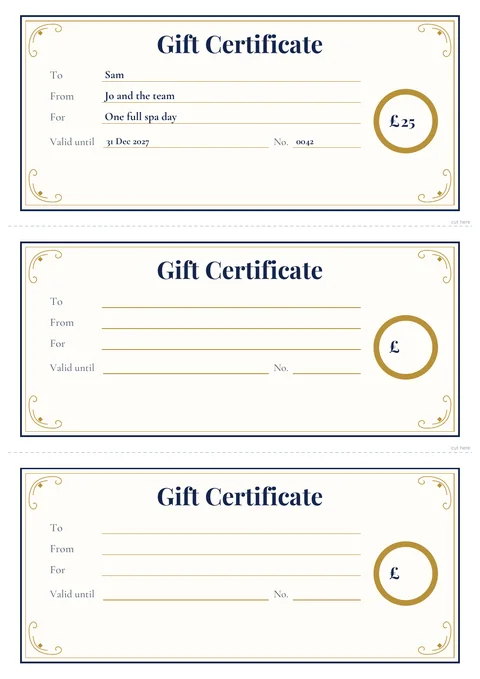 Classic gift certificate template, three to an A4 page