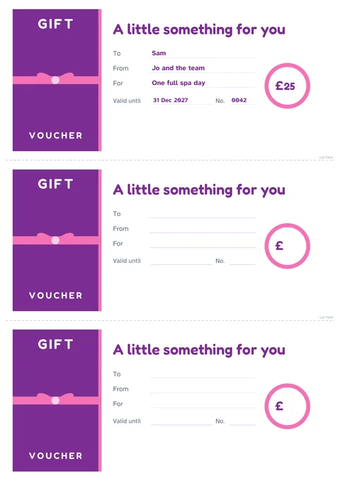 Bright gift voucher template with a ribbon, three to an A4 page