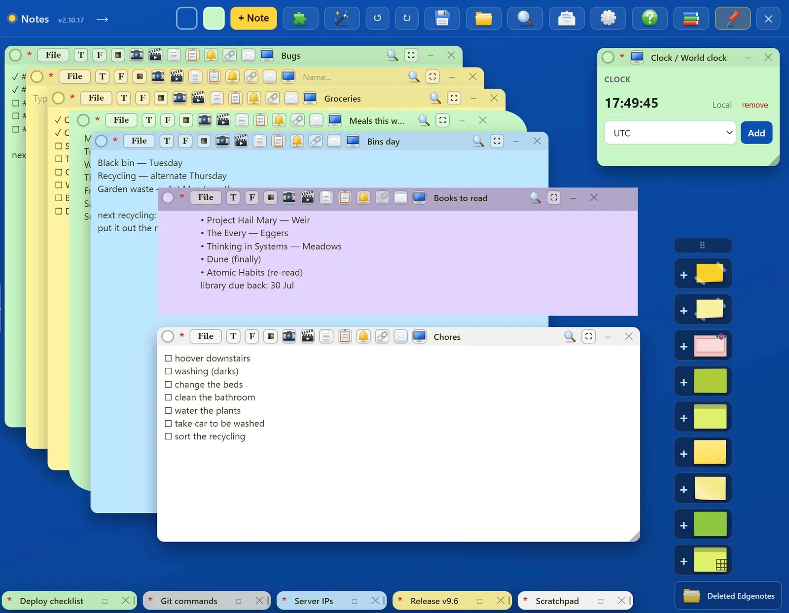 Checklists for bugs, groceries, chores and books, beside a world clock