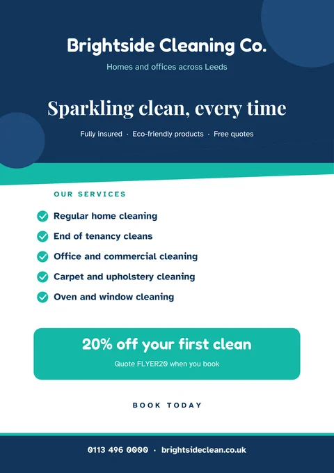 Business flyer template in navy and teal with a list of services, an offer and contact details