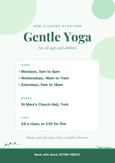 Classes flyer template in green with class times, venue and price