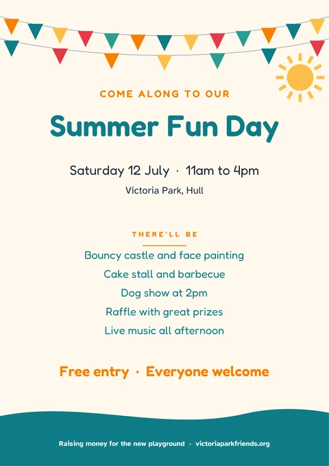 Community event flyer template with bunting, the event name, date, place and a list of attractions