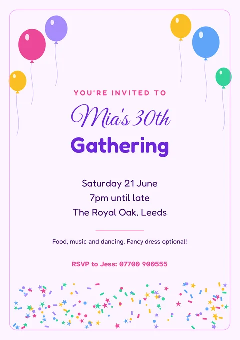 Gathering flyer template with balloons and confetti, date, time, place and RSVP