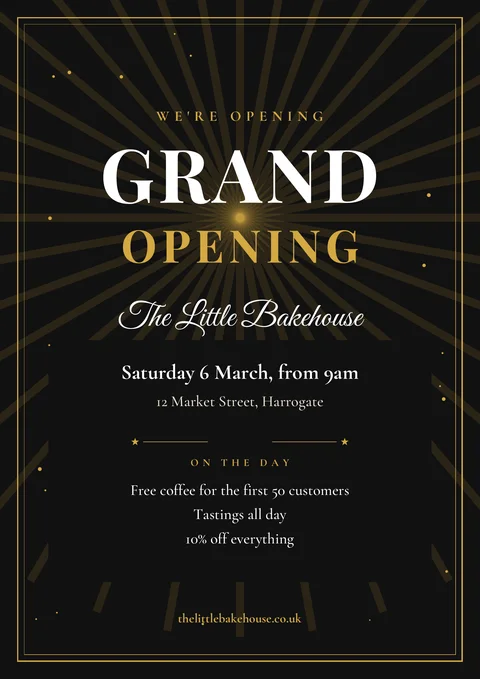 Grand opening flyer template in black and gold with the date, address and opening day offers