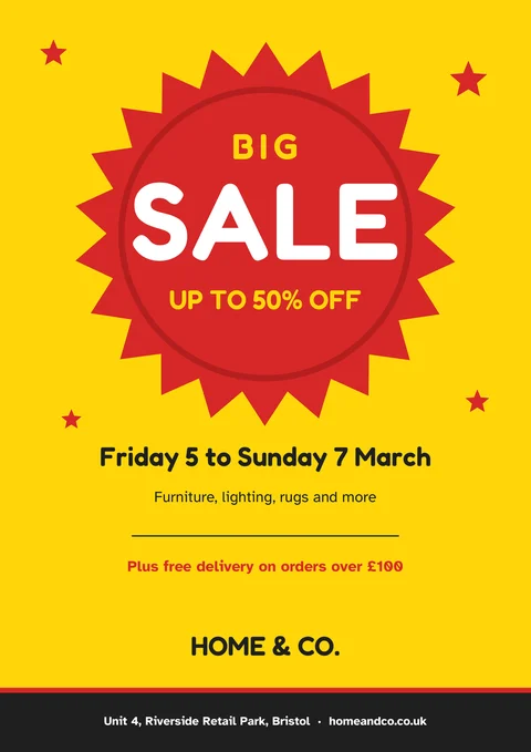 Sale flyer template with a red starburst, up to 50% off, dates and shop address