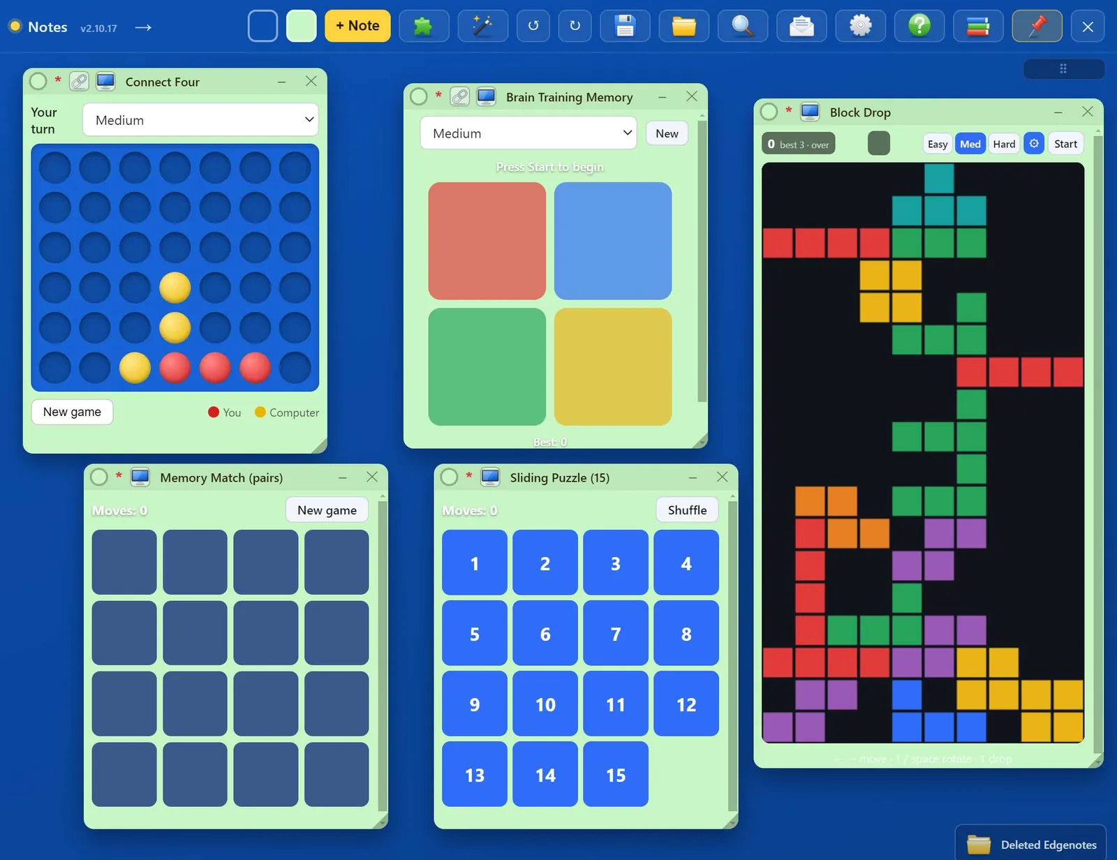 Games: Connect Four, brain training, Block Drop, memory match and a sliding puzzle