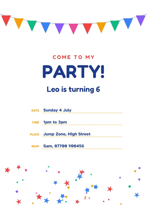 Children's party invitation template with example wording