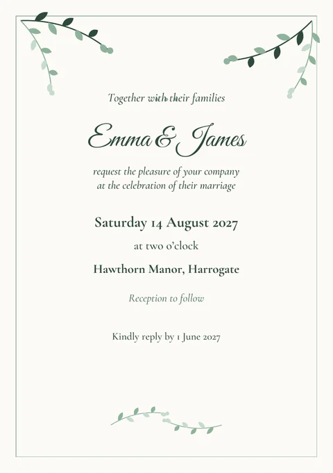 Wedding invitation invitation template with example wording