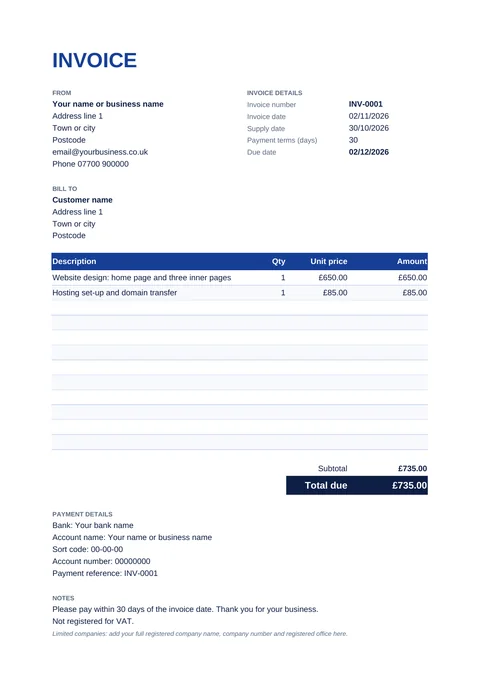 UK invoice template for the self-employed, with example details filled in and no VAT column