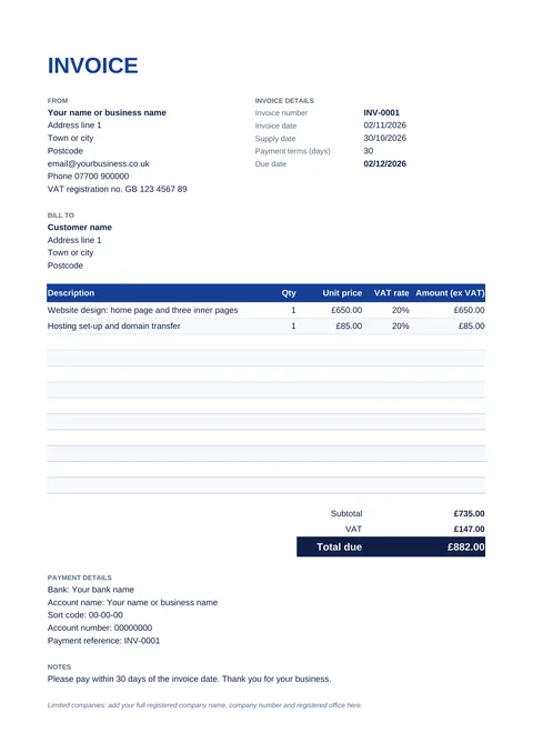 Free UK invoice template with example details