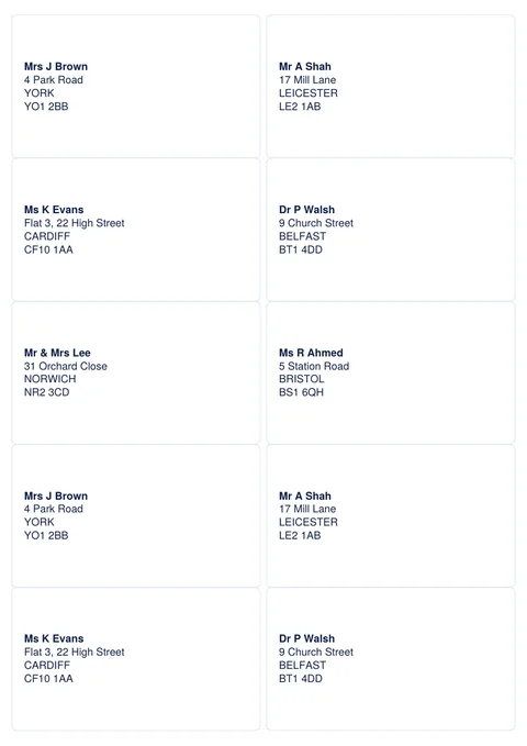 10 address labels per A4 sheet, 99.1 by 57.0 mm, with example addresses