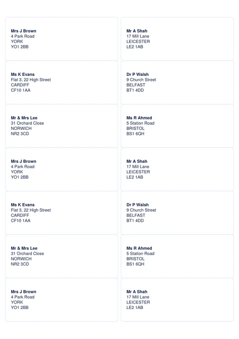14 address labels per A4 sheet, 99.1 by 38.1 mm, with example addresses