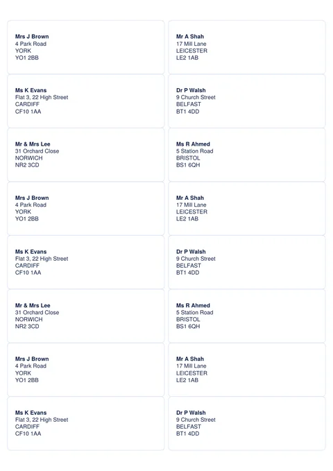 16 address labels per A4 sheet, 99.1 by 33.9 mm, with example addresses