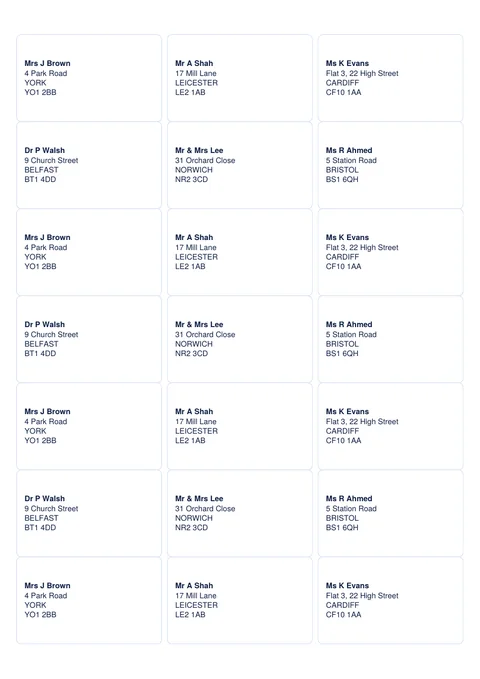 Sheet of 21 address labels