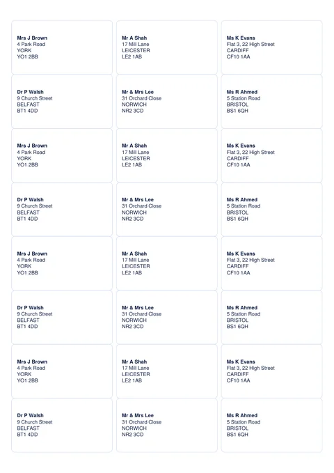 24 address labels per A4 sheet, 63.5 by 33.9 mm, with example addresses