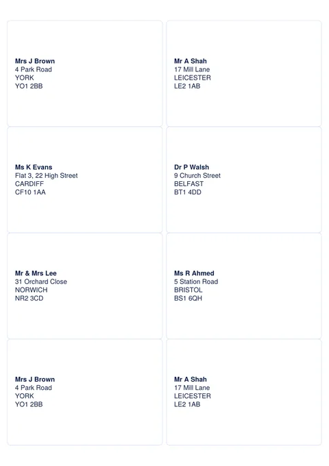 8 address labels per A4 sheet, 99.1 by 67.7 mm, with example addresses