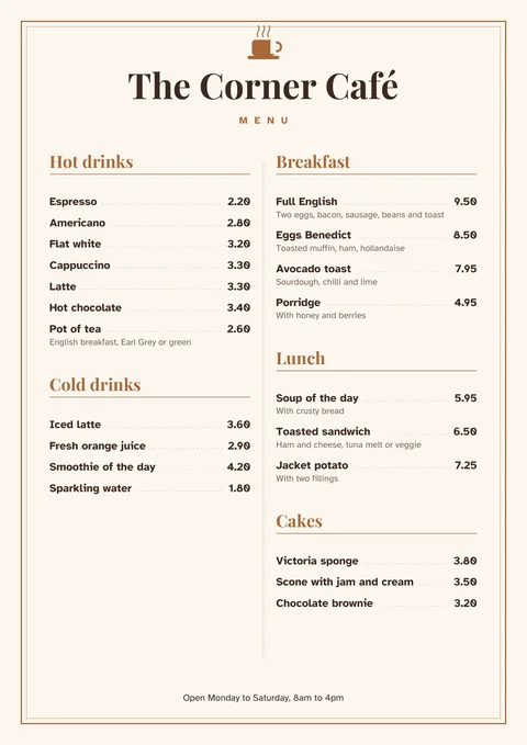 Café menu template with hot drinks, cold drinks, breakfast, lunch and cakes, with prices