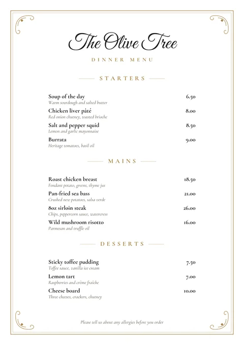 Restaurant dinner menu template with starters, mains and desserts in an elegant gold frame