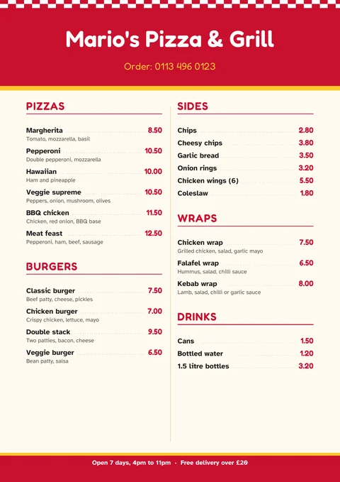 Takeaway menu template in red and yellow with pizzas, burgers, sides, wraps and drinks