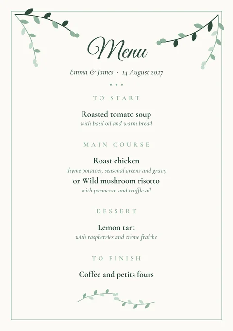 Wedding menu template with greenery, listing the starter, main course, dessert and coffee