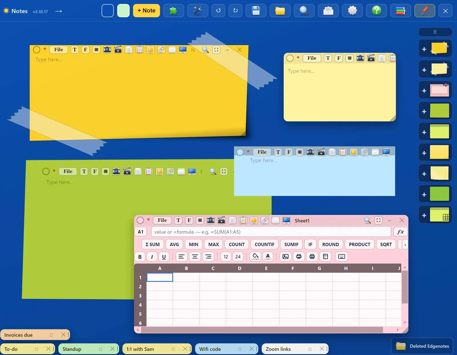 Sticky notes in several designs, some minimised to the bottom as tabs