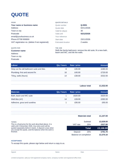 Free UK quote template for builders and trades