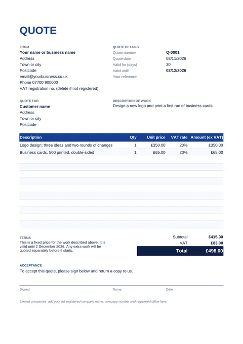 UK quote template with example items, VAT, total and a signature box for the customer