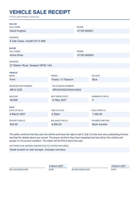 Private car sale receipt template