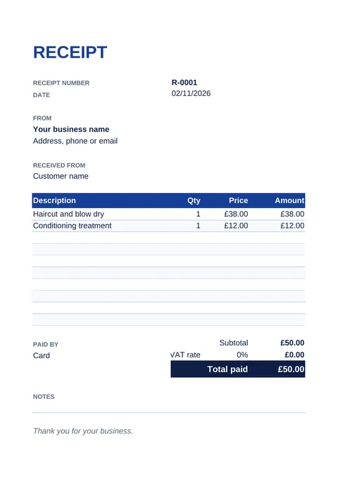 Receipt template template with example details filled in